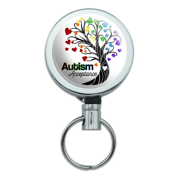 Autism Acceptance Tree of Life with Hearts Heavy Duty Metal Retractable Reel ID Badge Key Card Tag Holder with Belt Clip