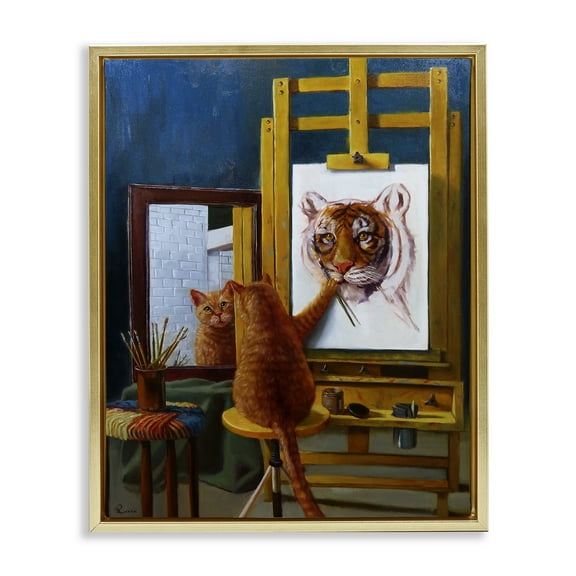 Stupell Industries Cat Confidence Self Portrait as a Tiger Funny Painting Metallic Gold Framed Floating Canvas Wall Art, 16x20, by Lucia Heffernan