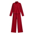 thumbnail image 4 of fheaev Two Piece Set for Women Solid Color Turtleneck Top High Waist Drawstring Wide Leg Pants Fall Winter Warm Outfit Red,XL, 4 of 7