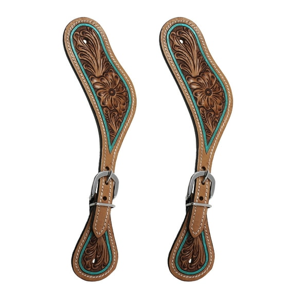 Horse Western Floral Tooled Turquoise Leather Adjustable Boot Spur Straps 74FK22
