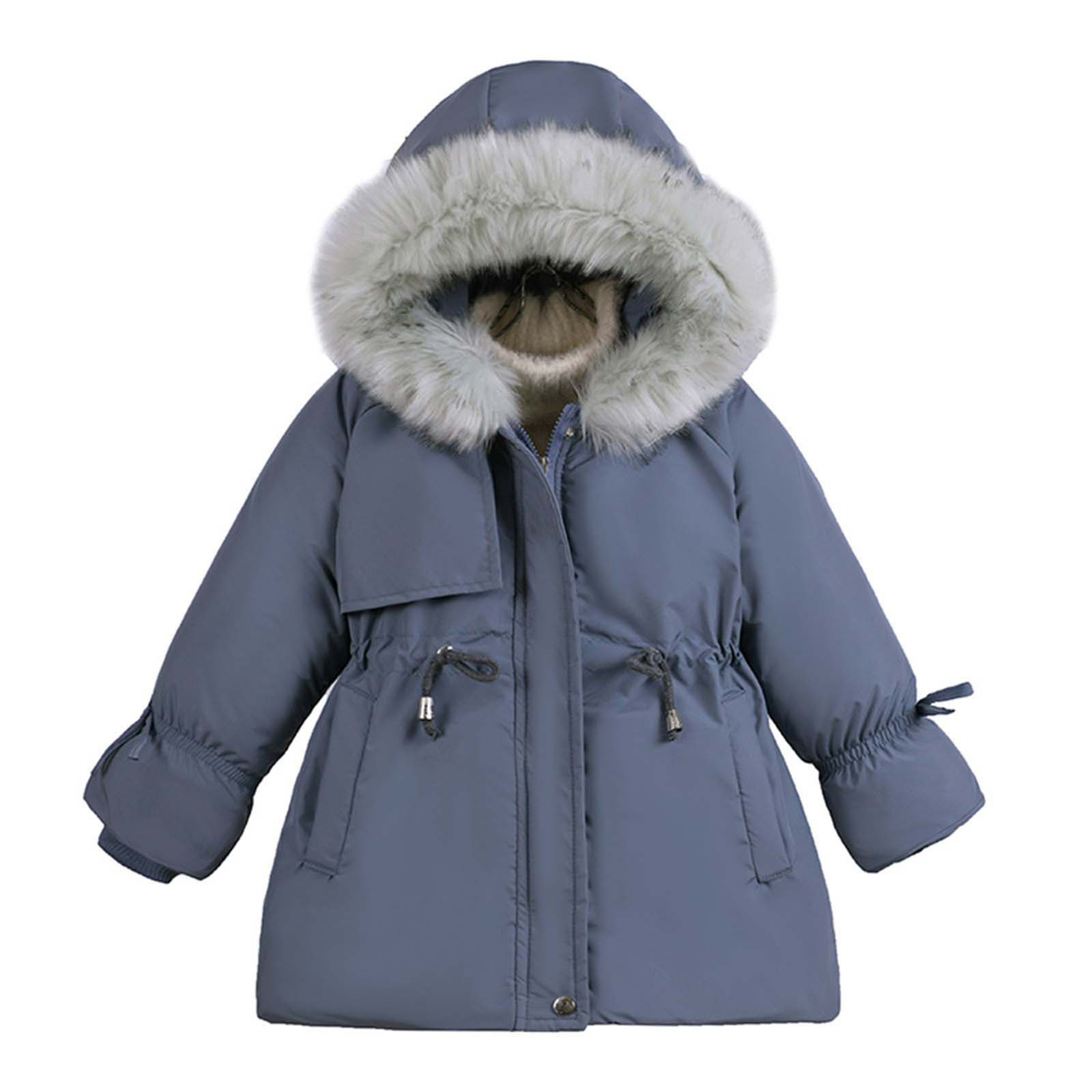 Children's Cotton Coat Girls Winter Slim Fit Warm Coats Puffer Coat Solid Color Thickened Hooded Fashion Casual Windproof Jacket Faux Fur Hood Parka Pocket Overcoat - image 2 of 8