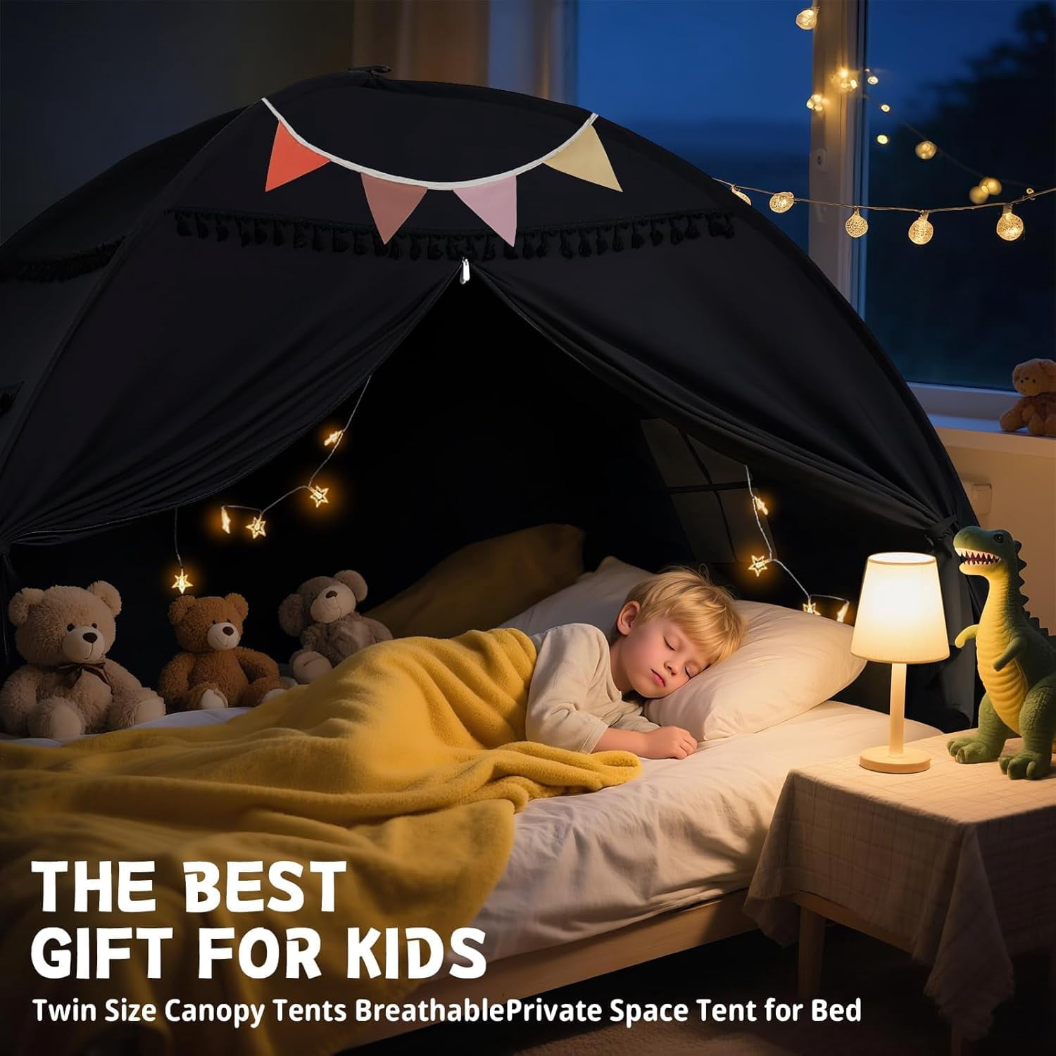 Twin Bed Tent for Kids Indoor, Toddler Bed Canopy with Flags, Twin Size Teepee Tents for Boys Girls Inside Bedroom (Black)