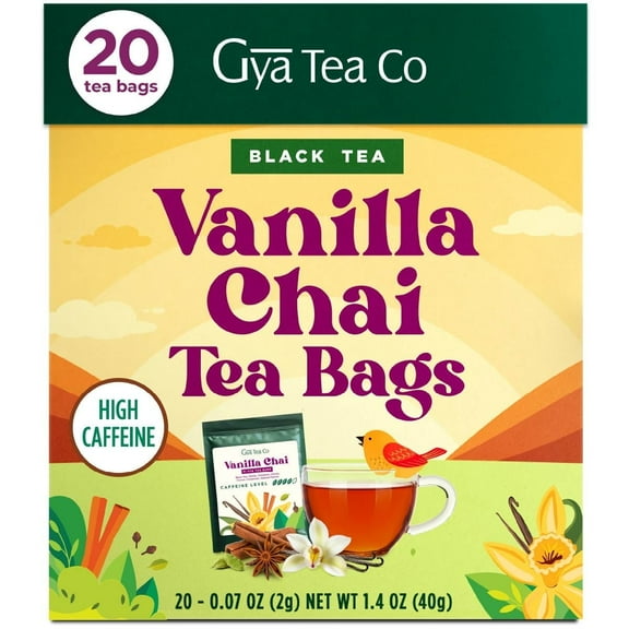 Gya Tea Co Vanilla Chai Black Tea Bags (20 Bags) - High Caffeine Spiced Chai Tea with a Smooth & Spicy Flavor for Refreshment & Energy - Fruit & Herbal Blends