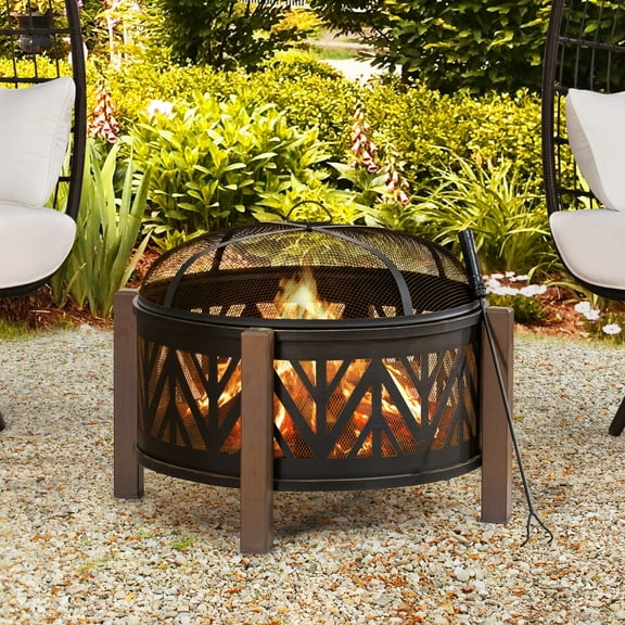SUNJOY 27 Inch Fire Pit for Outside, Outdoor Steel Wood Burning Fire Pits with Mesh Spark Screen and Fire Poker, Large Bonfire for Patio and Backyard, Black with Burnished Gold Highlights