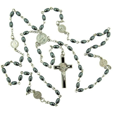 Picture Rosary Beads - Hematite Oval Prayer Bead Rosary with Saint Benedict Center and Crucifix, 20 Inch