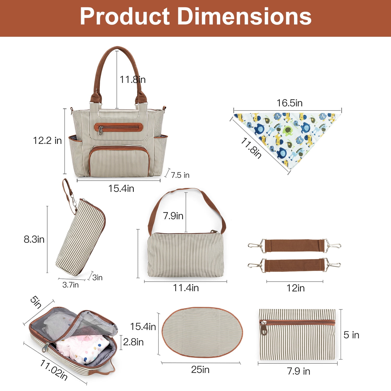 8Pcs Baby Nappy Diaper Bags  Large Multifunctional Nappy Diaper Bags Set Diaper Pad Burp Cloths Khaki