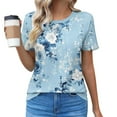 thumbnail image 5 of JTZGDY Womens T Shirts Short Sleeve Tops Boho Floral Printed Casual Pleated Front Tunic Blouses Flowy Dressy Crew Neck Summer Outfits Light Blue#03 L, 5 of 7