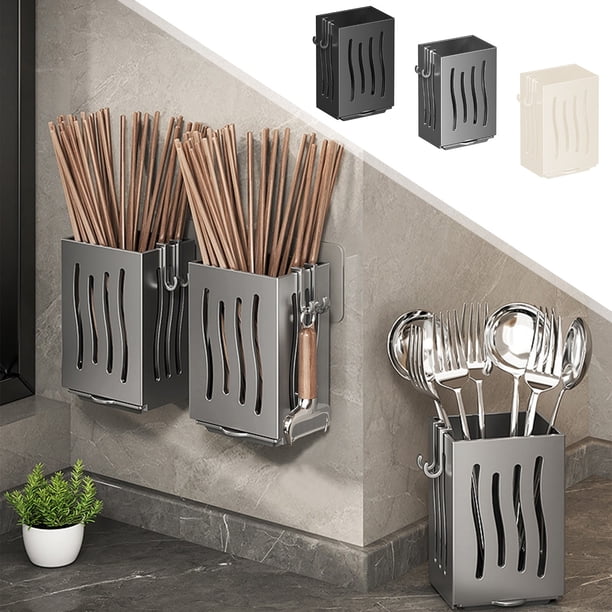 Contenedor de Almacenamiento, Organizador de Utensilios de Cocina de Pared, Estante Multifuncional para Cubiertos con Caja de Plástico, Ganchos para Escurrir Palillos y Cuchillos.