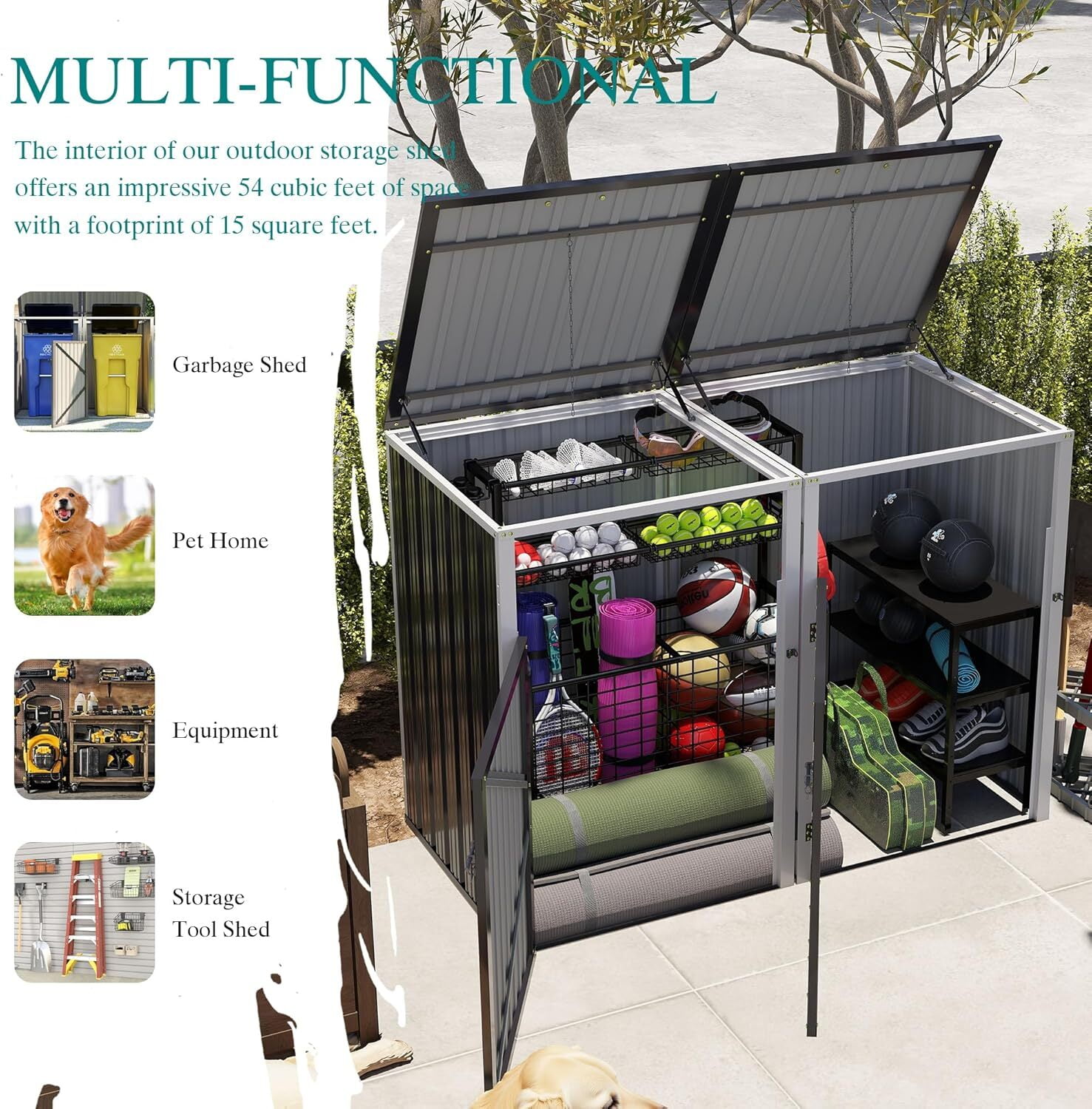 Montary 54 CU.FT Metal Outdoor Garbage Bin Storage Shed with Chain Lid, Waterproof Trash Can Organizer for 2 Bins, Garden Tools for Garden Yard Lawn, Dark Grey