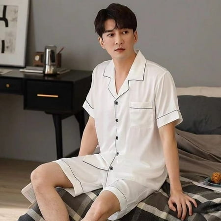 

QWZNDZGR Pajamas Men Home Clothes Suit Silk Satin Sleepwear Short Sleeve Pajama Sets Summer Men s Sleep Tops Pants Pijama Loungewear