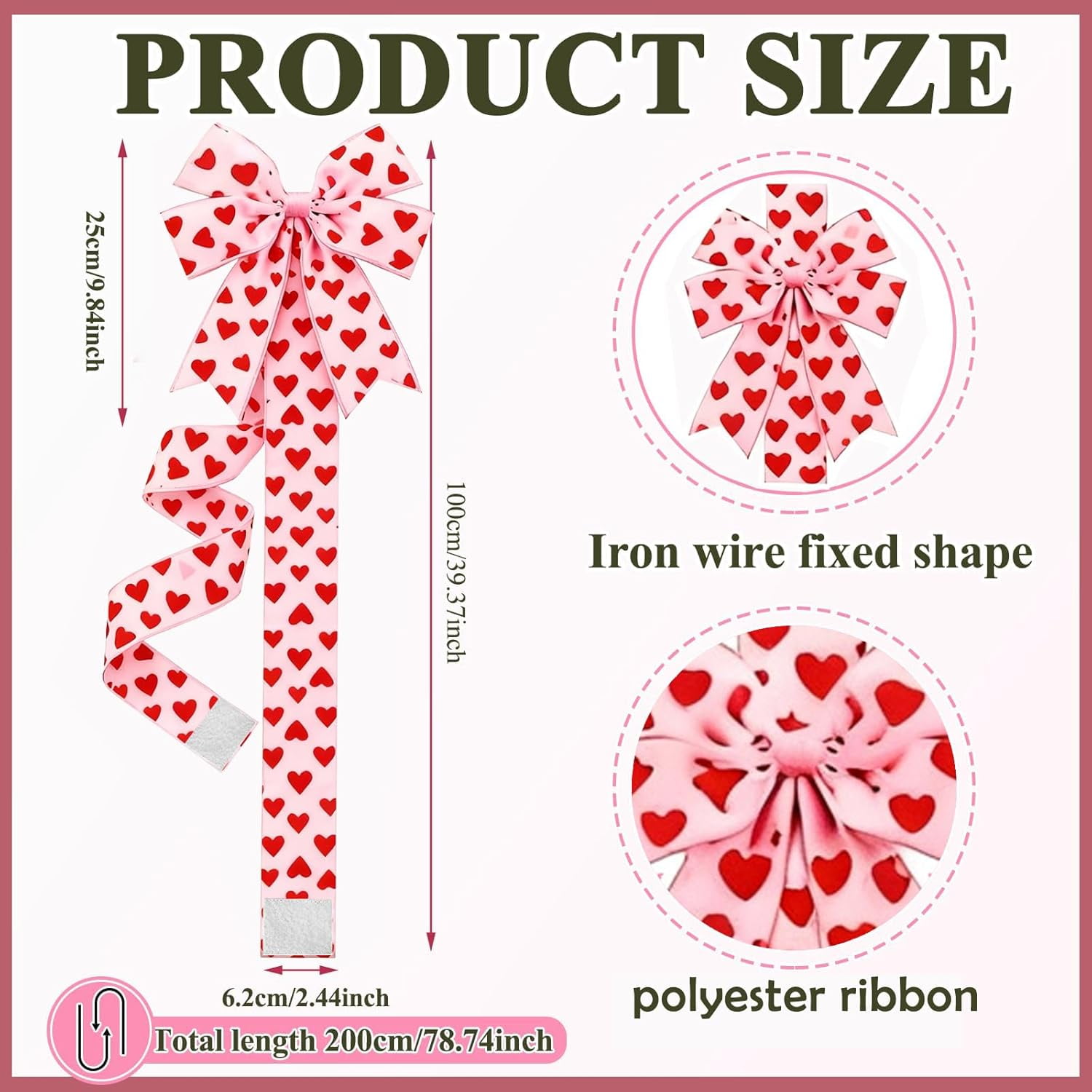 6-Piece Red Heart Valentine's Day Bows - 79 Inch Ribbon Decor for Cabinet Window & Kitchen, Valentine's Party Supplies   Z