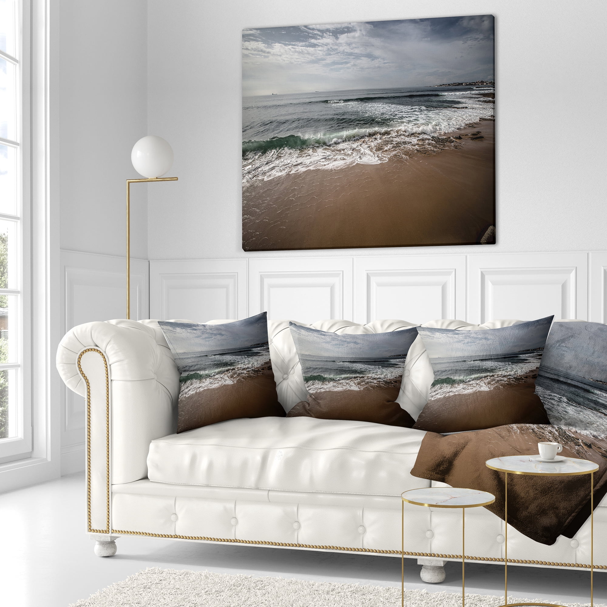 Designart Soft Waves of Sea on Sandy Beach - Seashore Throw Pillow - 16x16