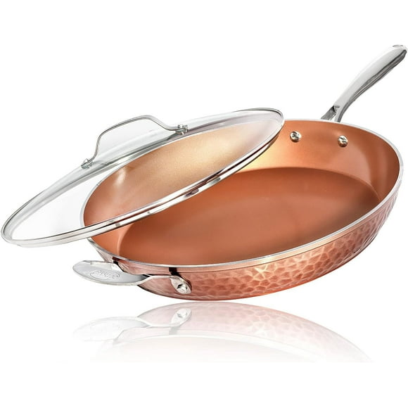 Gotham Steel Hammered Copper 14 Inch Non Stick Frying Pan with Lid, Ceramic Coating and Induction Plate for Even Heating, Oven / Dishwasher Safe, 100% Healthy & Non Toxic