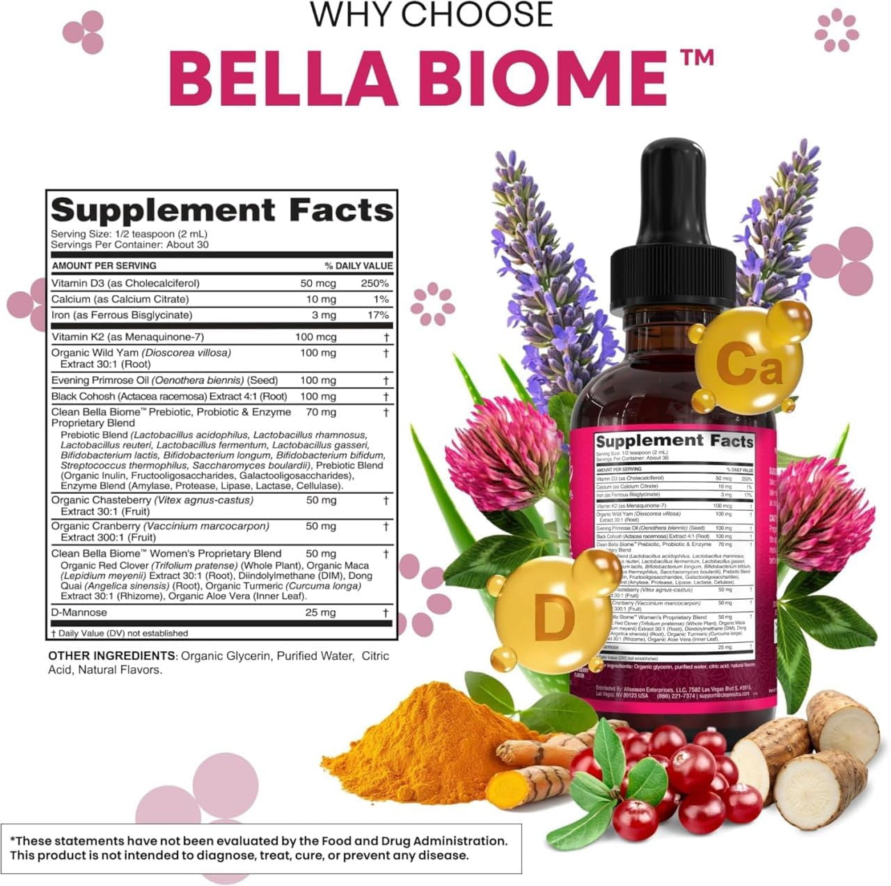 Liquid Probiotics for Women Drops with Chasteberry, Black Cohosh, Prebiotics, Digestive Enzymes, Evening Primrose Oil, Wild Yam, Cranberry Dmannose and Iron Vitamin D3 K2 Clean Nutra Bella Biotics