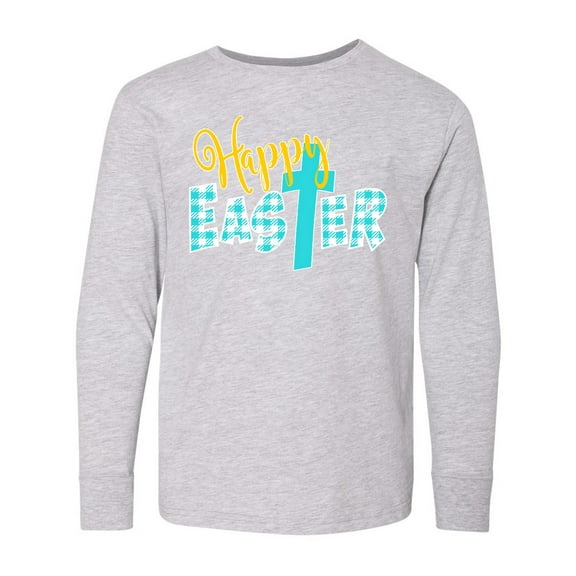 Inktastic Happy Easter with Cross in Teal Plaid Long Sleeve Youth T-Shirt