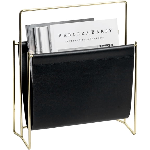 MyGift Modern Gold Metal and Black Leatherette Magazine Holder, Freestanding Sling Rack for Home & Office Decor