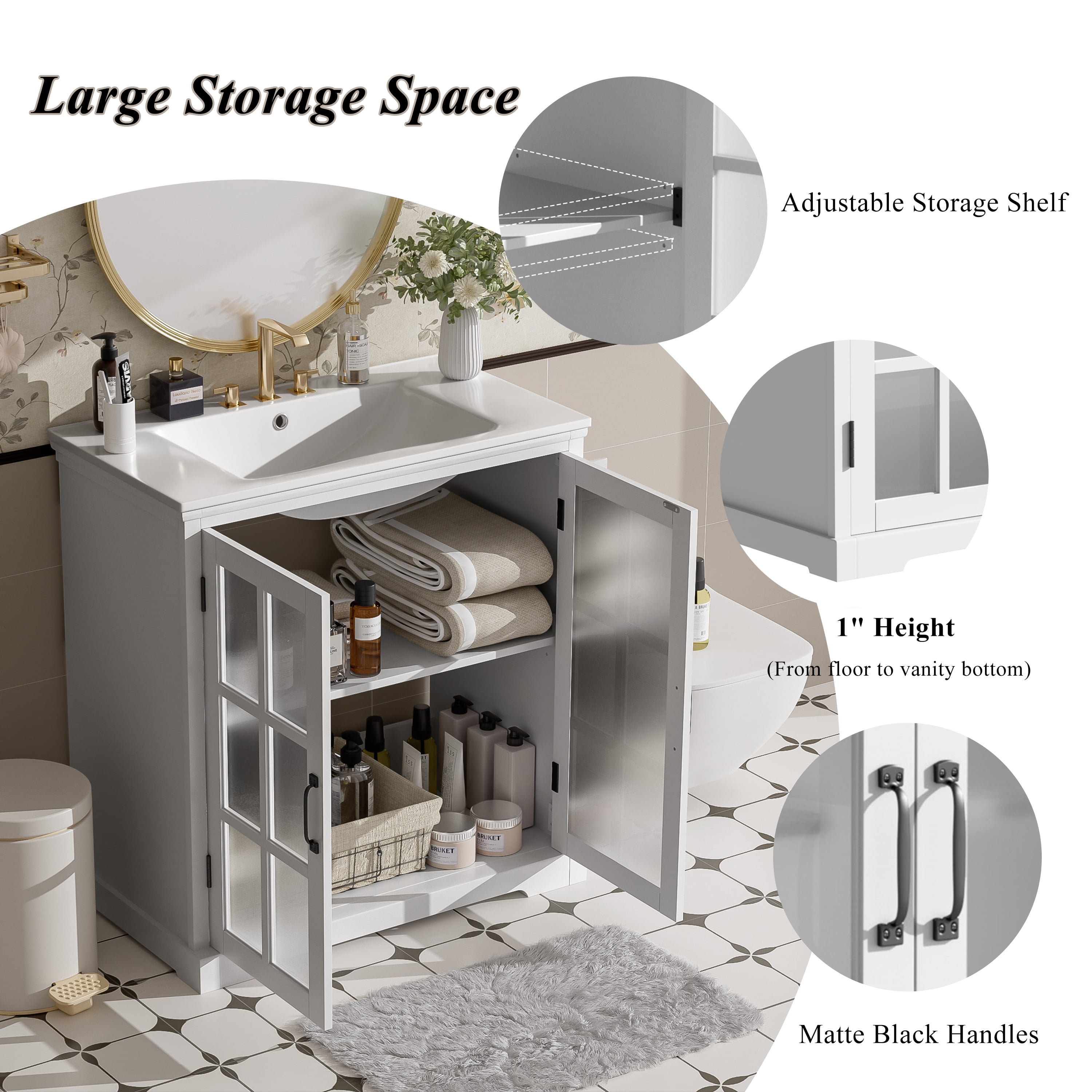 Euroco 30" Modern Bathroom Vanity with Ceramic Sink, Tempered Blurred Glass Doors, Adjustable Shelf & Matte Hardware – Rubber Wood Frame, Widespread Faucet Compatible