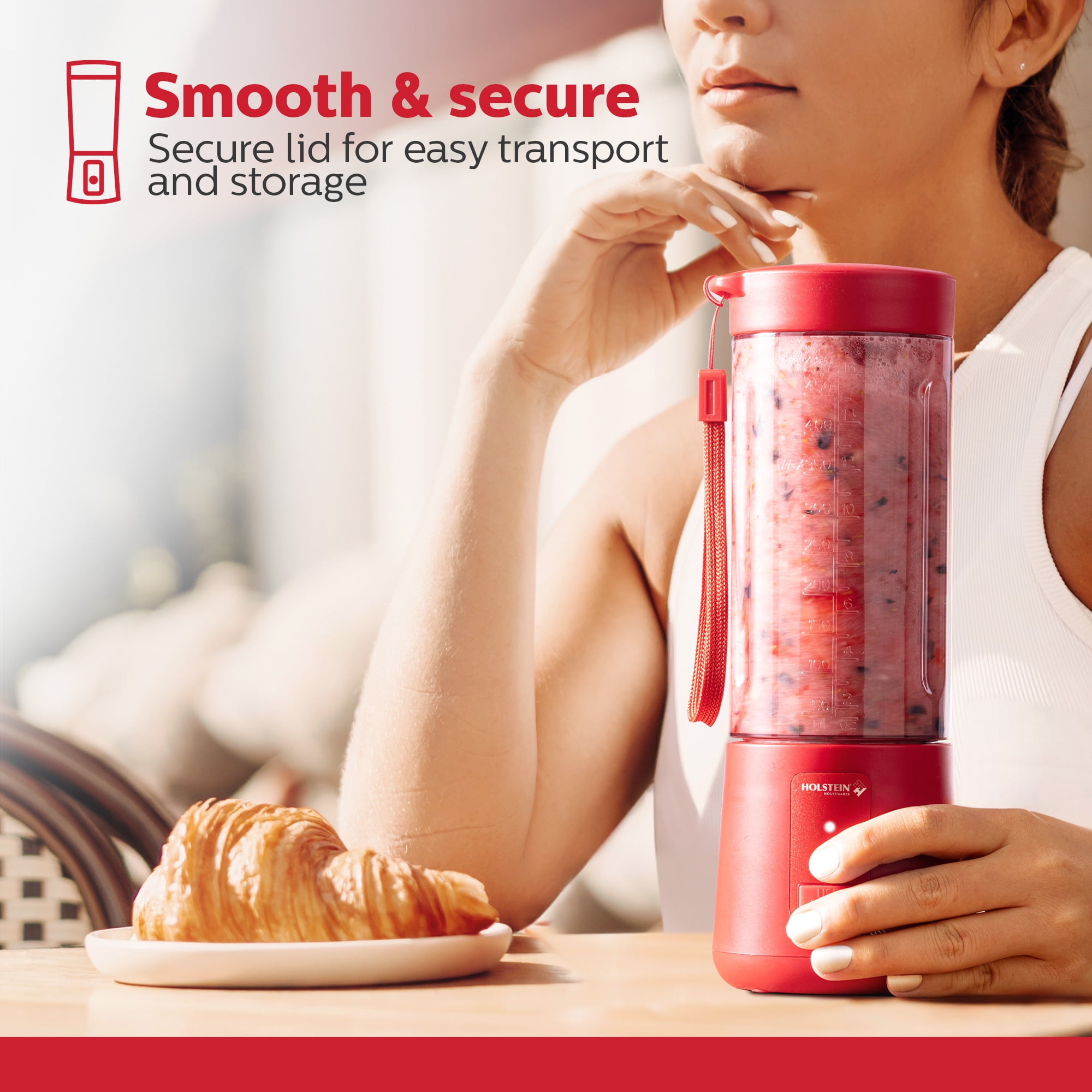 Holstein Housewares Red USB Portable Blender, 16oz, Rechargeable with Type-C Charging, Spill-Proof Lid