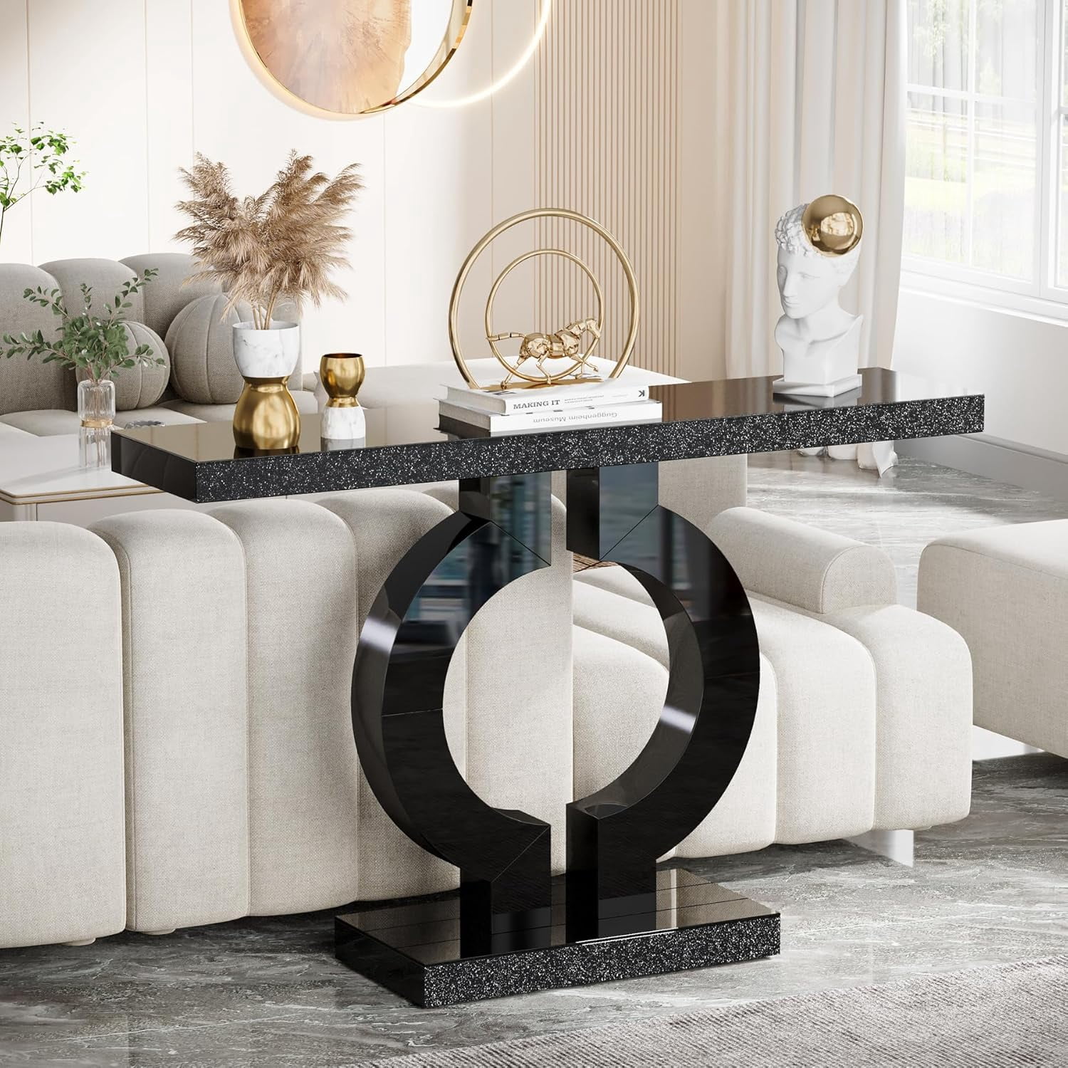 Tribesigns 43-Inch Mirrored Console Table, Modern Black Entryway Table with O-Shaped Base, Glass Sofa Table with Mirror Finish for Living Room Hallway Entrance