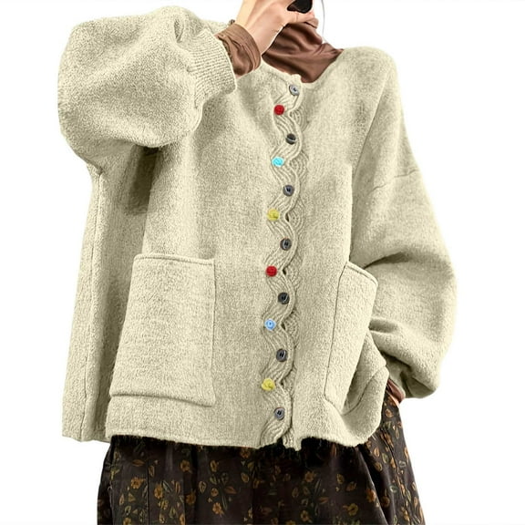 Women's Sweater Solid Color Long Sleeve Crew Neck Button Faux Wool Cardigan With Pocket Fall Sweaters