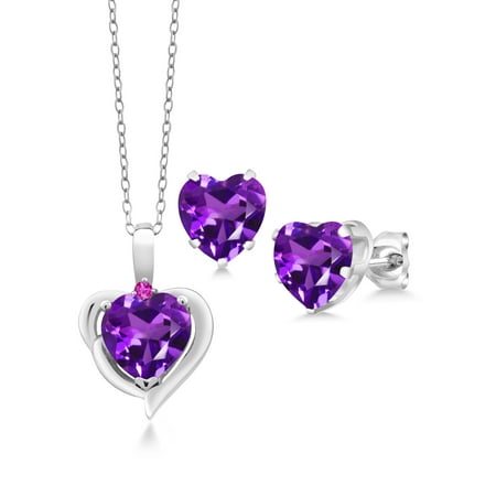 Amethyst Heart Set - 4.82 Ct Heart Shape Amethyst Pink Sapphire 925 Silver Pendant Earrings Set