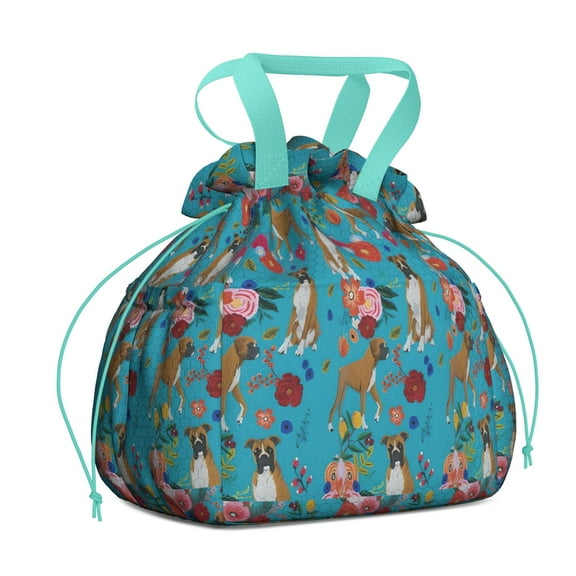 Dogs with Flowers Drawstring Lunch Bag Women - Drawstring Lunch Bag Insulated for Work Office - Stain-Resistant Large Lunchbags for Women with Multi-Pockets