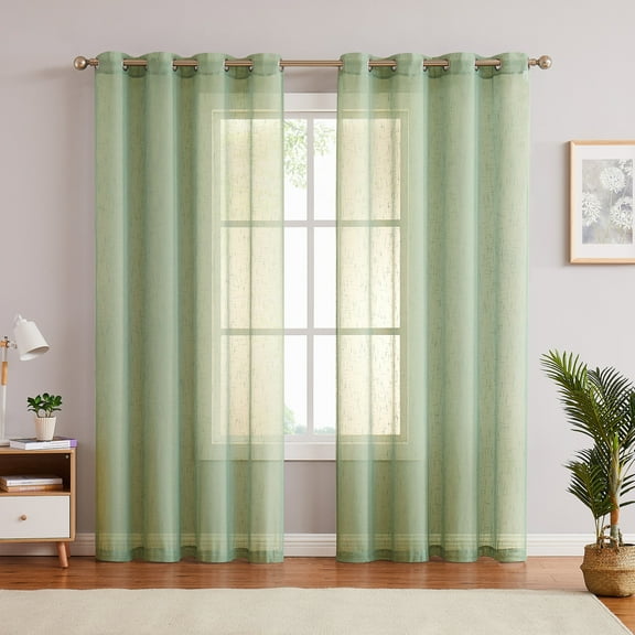 AZZCIA Sage Sheer Curtain Panel for Living Room with Grommets Linen Texture Rustic Window Drap Sets for Bedroom Room (Green, 54"x63", 2 Panels )