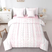Manfei Aztec Print Twin Bedding Sets 7-Piece,Boho bohemian Geometric Bedding Comforter Set,Pink White Stripes Sheet Sets For Girls,Microfiber Bedroom Decor,Reversible