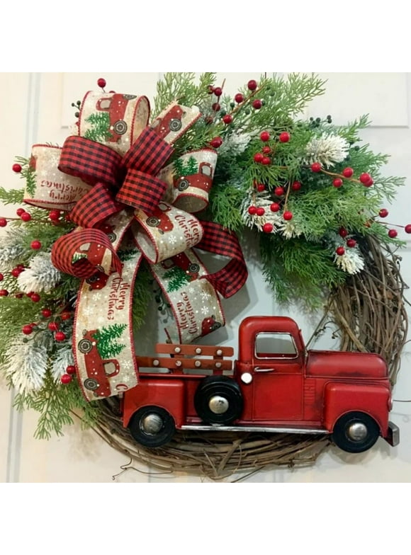 Red Truck Christmas Wreath, Vintage Farmhouse Red Truck Wreath with Pine Cones Winter Berry Wreath Rustic Christmas Garland Fall Wreaths for Front Door Thanksgiving Decoration Xmas Decor