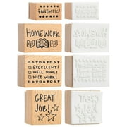 9 Piece Set of Wooden Rubber Teacher Stamps - Classroom Supplies for Grading Homework (Assorted Sizes)
