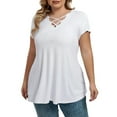 thumbnail image 3 of Mengpipi Womens Plus Size Tops Criss Cross V Neck Short Sleeve Summer Casual Blouses, Light Gray-1X, 3 of 8