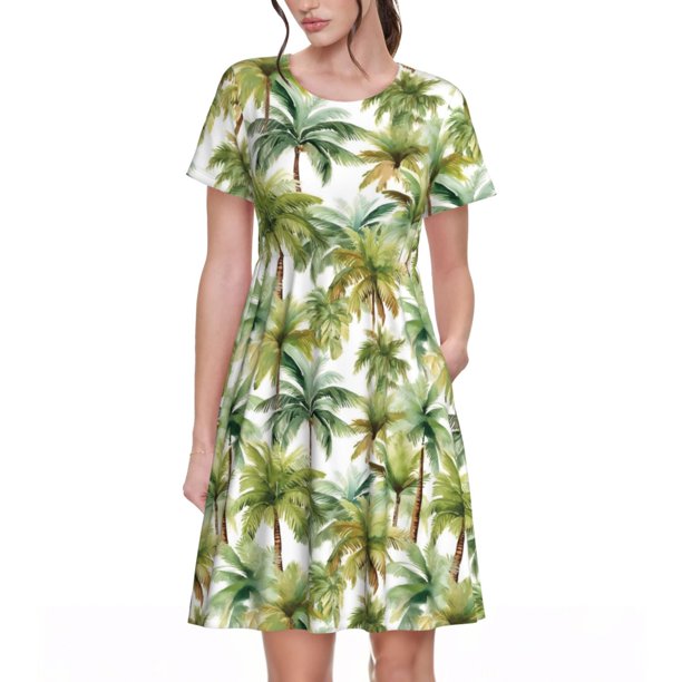 Easygdp Green Hawaii Palms para Vestido Transpirable de Mujer, Vestido Suelto de Manga Corta con Pliegues y Bolsillos para el Verano