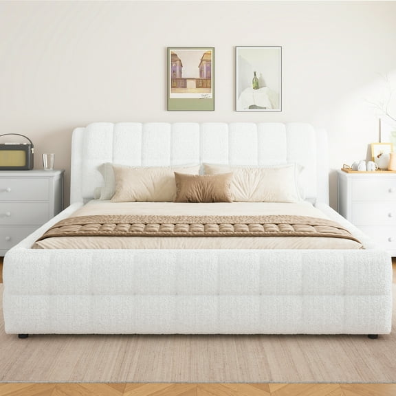 Euroco Upholstered King Size Platform Bed for Living Room Bedroom, White