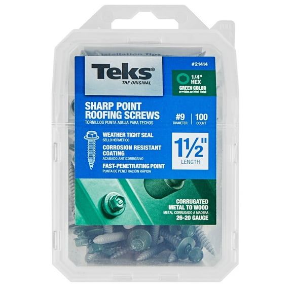 Teks 21414 #9 x 1-1/2 in. HEX WASHER HEAD SHARP PT METAL-TO-WOOD GREEN ROOFING SCREWS 100CT