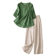 thumbnail image 2 of Women's 2 Piece Set, Embroidered Round Neck Top and Wide Leg Pants, Cotton Linen Matching Outfit for Casual Wear, Daily Outfits, Vacation, and Lounge-Green, 2 of 7
