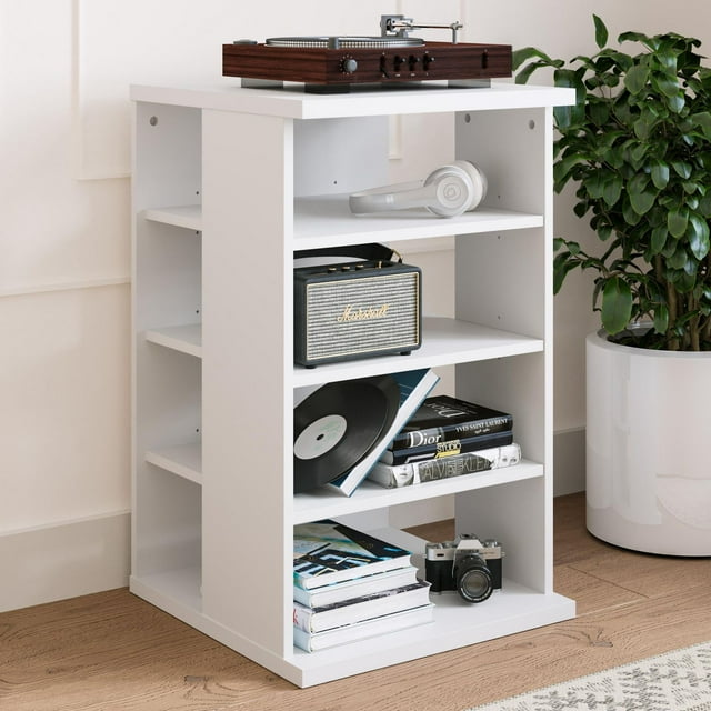 White Nexera Jasper 4-shelf audio tower bookcase holding a wooden turntable, silver headphones, Marshall speaker, vinyl records and fashion books.