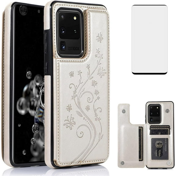 Phone Case for Samsung Galaxy S20 Ultra Glaxay S20ultra 5G with Tempered Glass Screen Protector Card Holder Wallet Cover Stand Flip Leather Cell Gaxaly 20S S 20 A20 20ultra G5 Cases Women Golden