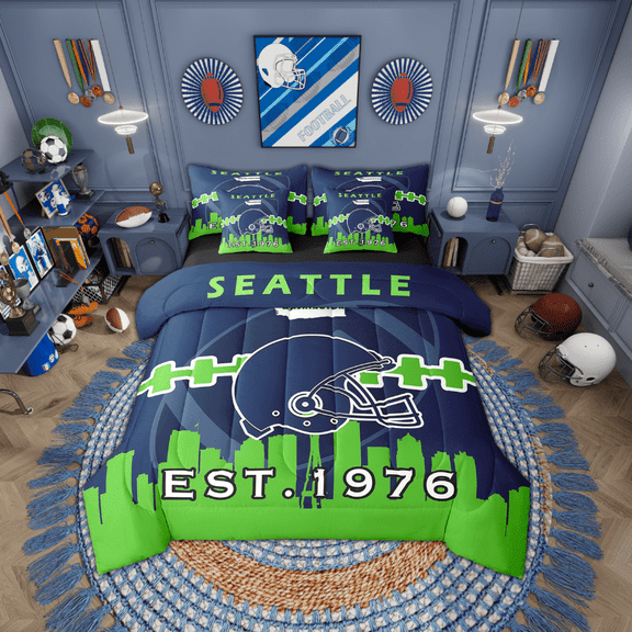 7 Pcs Comforter Set Twin Size, Football Bed in a Bag with Flat Sheet and Fitted Sheet and Adults,Sports Bedding Set with Pillowcase and Sham(Seattle)