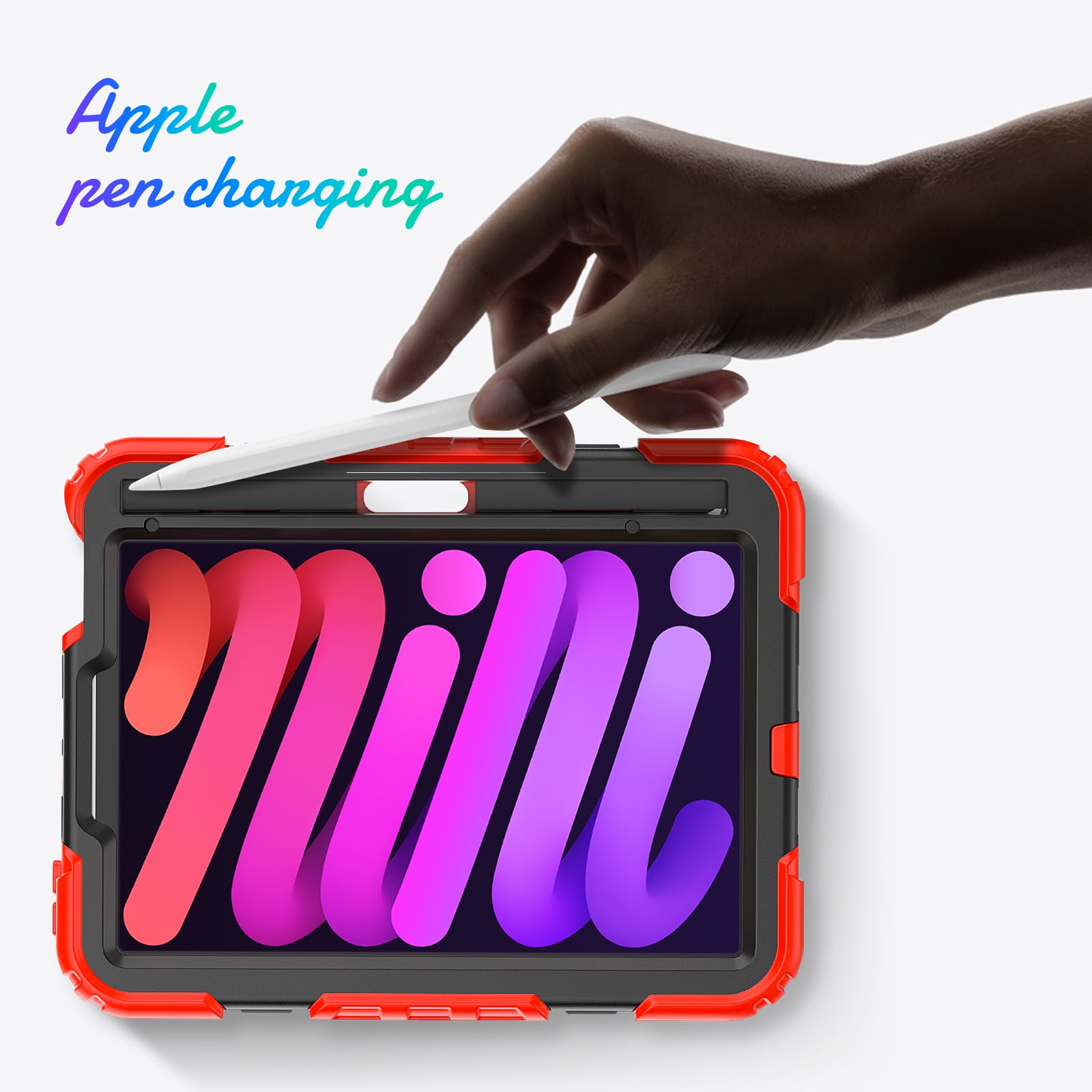 Shockproof Case for Apple iPad mini 6 /7 8.3" with Build In Screen Protector, Rugged Rotating Stand Shoulder Strap Pencil Holder Kids Friendly Bumper Case for Apple iPad mini 6/ Mini 7, Red