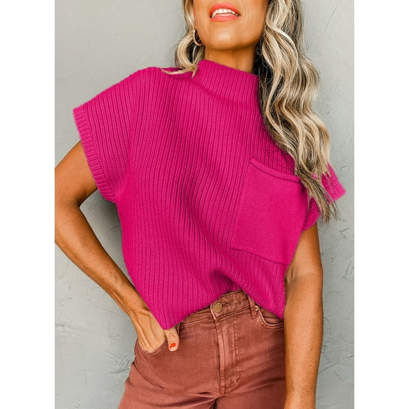 Plusashion Vibrant Rose Red Knit Sweater - Cozy Ribbed Pocket Style