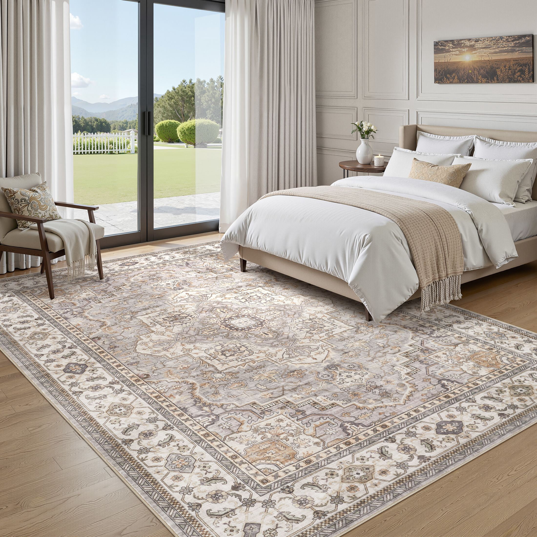 UERMEI 10'x14' Washable Area Rugs for Living Room, Vintage Floral Boho Printed Carpet, Non Slip Indoor Large Rugs for Bedroom Home Decor Carpets, Beige Gray