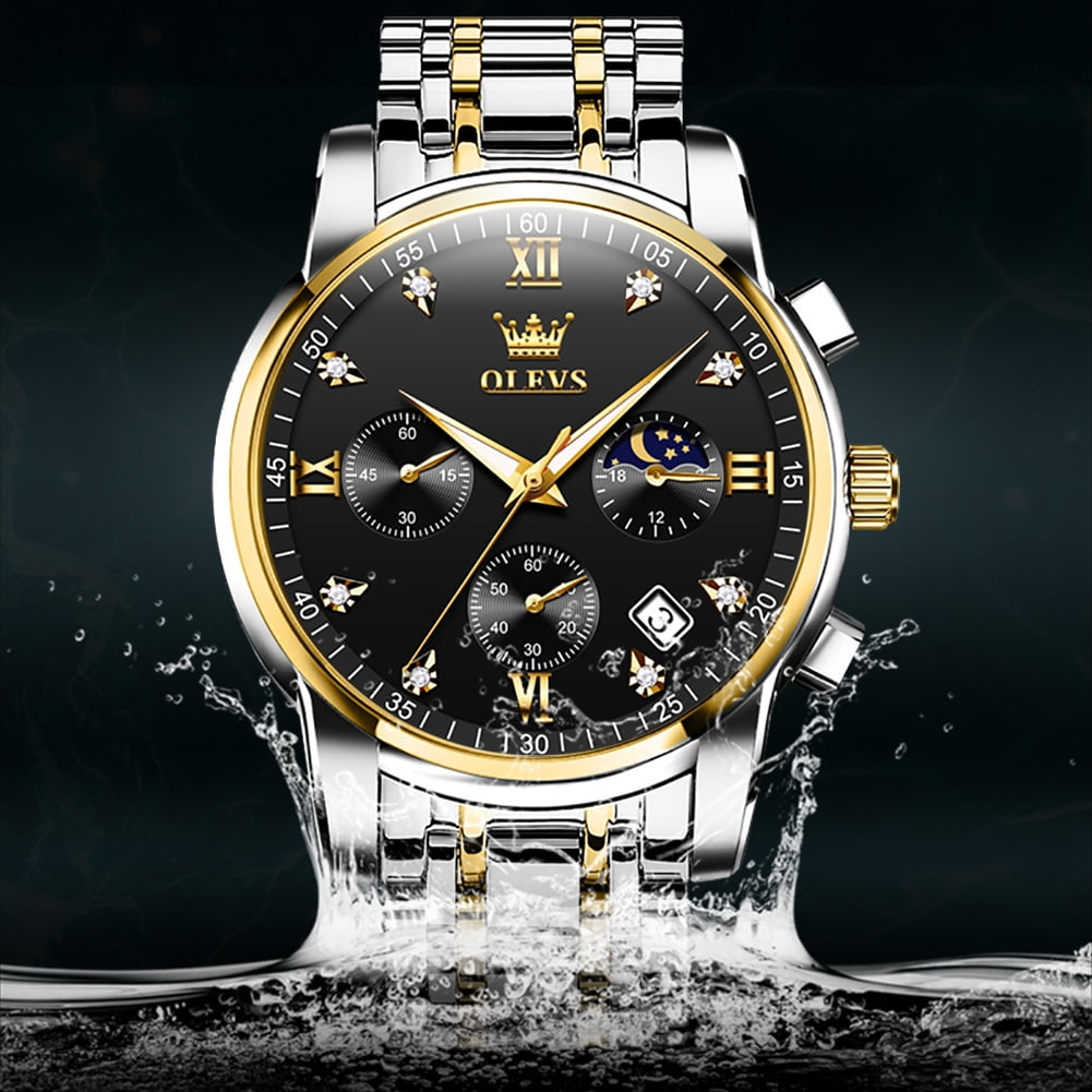 OLEVS Watches for Men Luxury Dress Casual Analog Quartz Gold Plated Stainless Steel Chronograph Moon Phase Waterproof Luminous Date Business Mens Wrist Watches Reloj Para Hombre