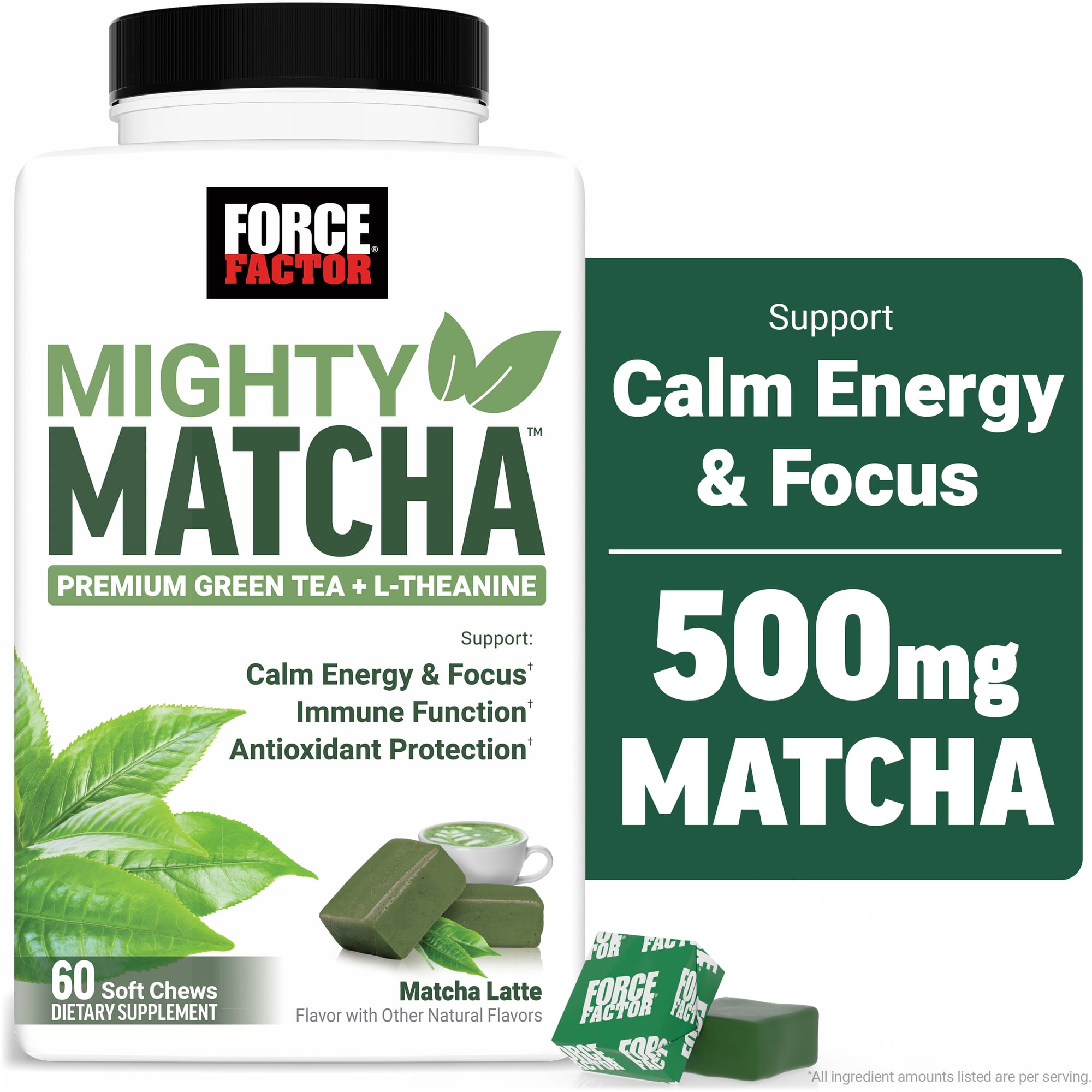 Force Factor Mighty Matcha, Premium Organic Matcha Green Tea with L-Theanine & B Vitamins to Support Calm Energy, Focus & Antioxidant Defenses, Matcha Latte, 60 Soft Chews