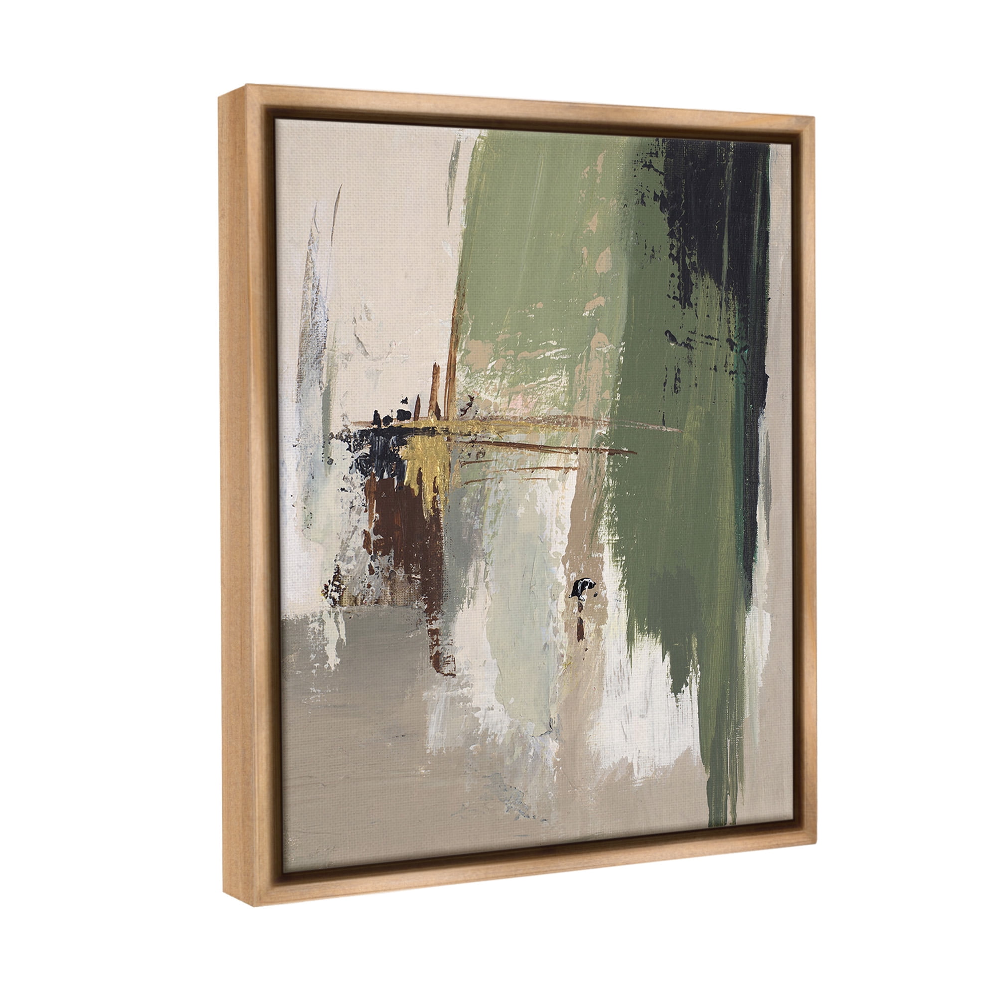 Stupell Industries Green & Tan Brush Strokes Abstract Painting Brown Floater Framed Canvas Art Print Wall Art, 17 x 21