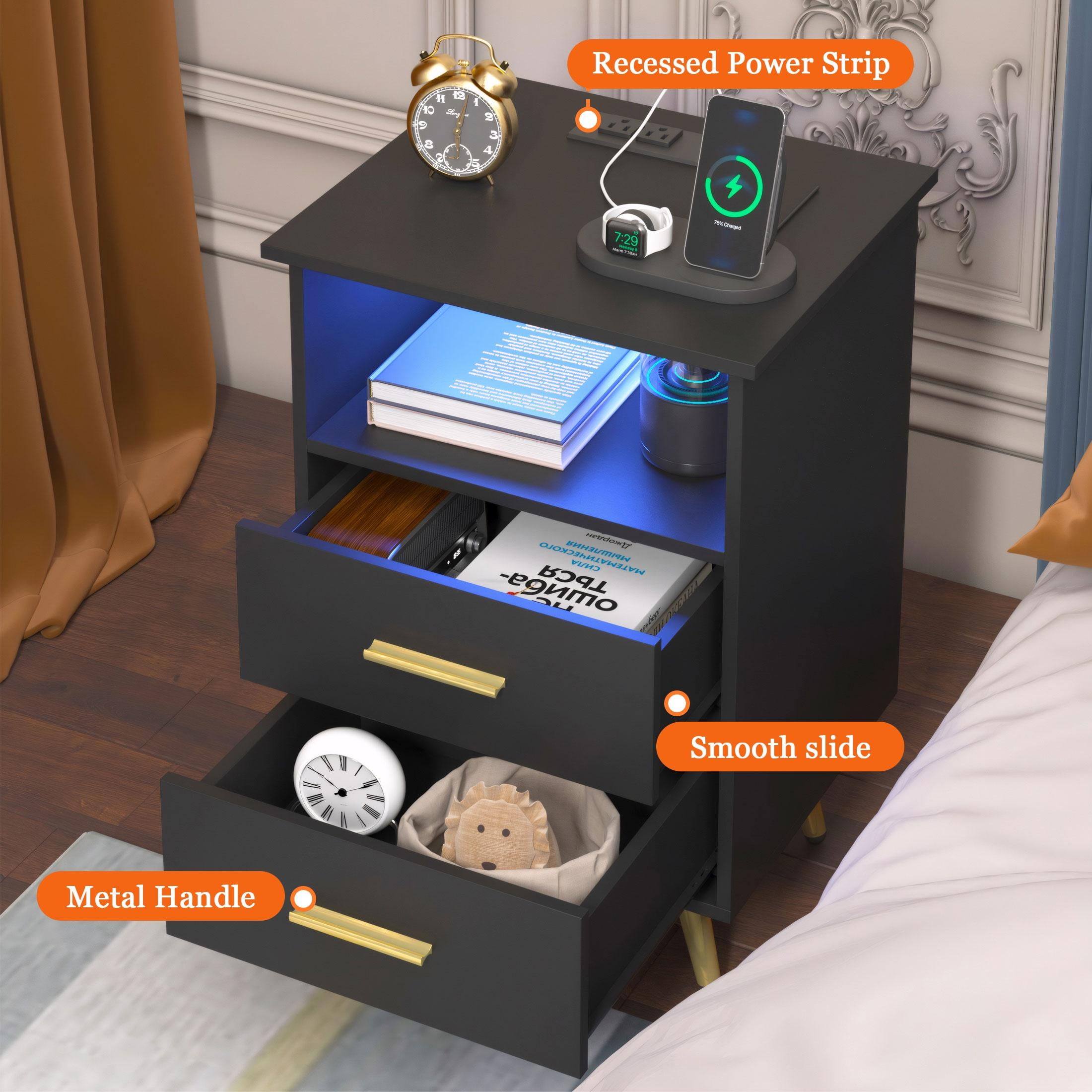 UHOMEPRO Black Nightstand with Charging Station, Bedside Table with LED Lights Strips, Modern End Side Table, Versatile Nightstand with Drawers, Side Table for Home and Office