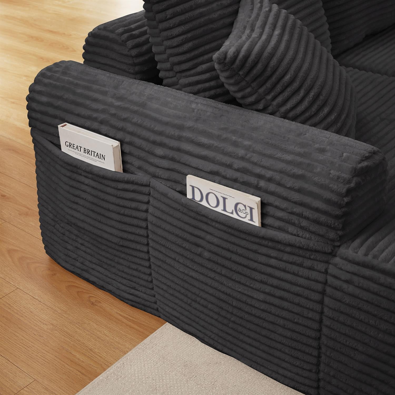 Demi Bonn 103" Cozy Corduroy Sectional Sofa with Arched Armrests, Non-Slip Base, 3 Back Cushions and 2 Throw Pillows, Full-Compression Chaise Lounge Couch Set, Gray