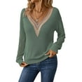 thumbnail image 2 of Womens Long Sleeve Sweaters Fall Trendy Lace V Neck Knit Drop Shoulder Pullover Sweater Jumper Tops Green S, 2 of 9