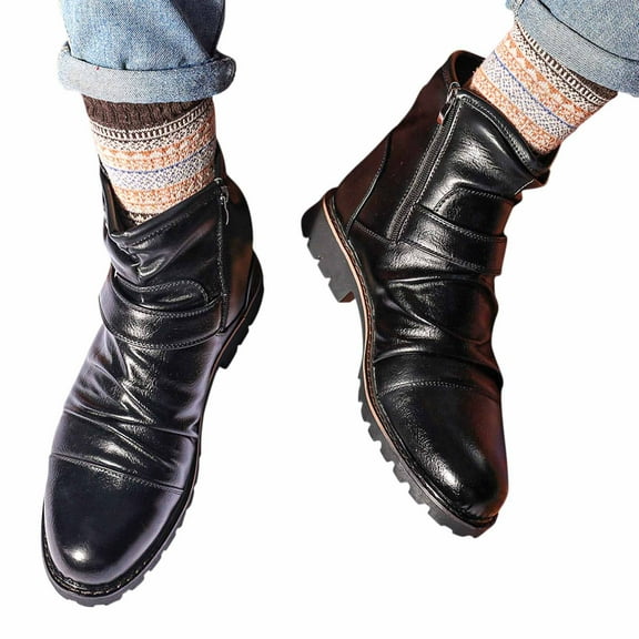 Lovskoo 2024 Men's Mid-Calf Boots Round Toe Chunky Heel Pleated Western Denim Boots Side Zipper Boots Leather Shoes Black