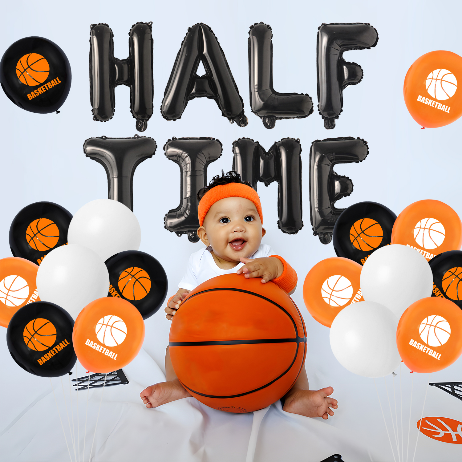 41Pcs Basketball Half Birthday Decorations 1/2 Way to One Banner Cake Topper Foil Curtain Half Time Basketball Foil Balloons Orange Black Latex Balloons for Boy Sports 6 Months Birthday Supplies