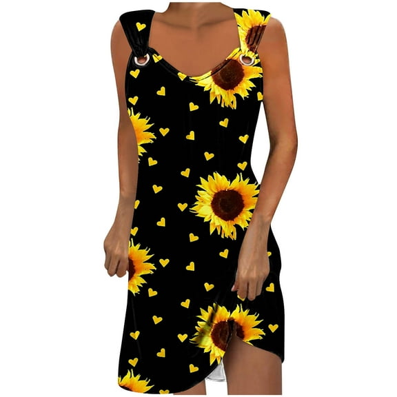 Uaswgudfs Sleeveless Sunflower & Heart Accent Midi Dress - Summer Dresses for Women 2025 Casual Sundress with Stretch Fabric & Buckle Strap Detail Black L